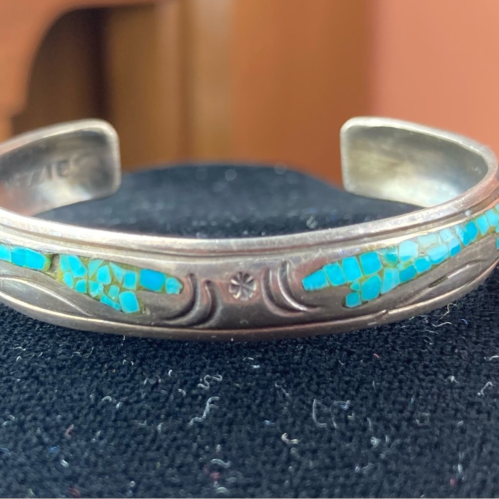 Navajo Signed J Nezzie Silver Turquoise Native American Cuff Bracelet  **As Is**